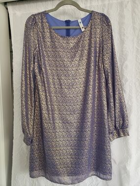 Metallic Blue & Gold Long Sleeve Shift Dress